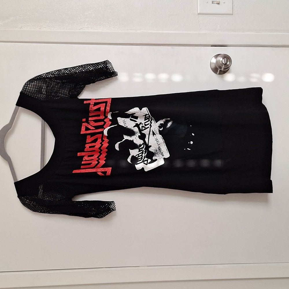 Judas Priest Womens Black Dress With Fishnet Sleeves Sz L